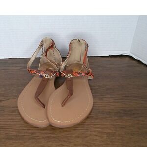G by GUESS Gglorine-R Orange Snake Print Rhinestone T-Strap Flat Sandals